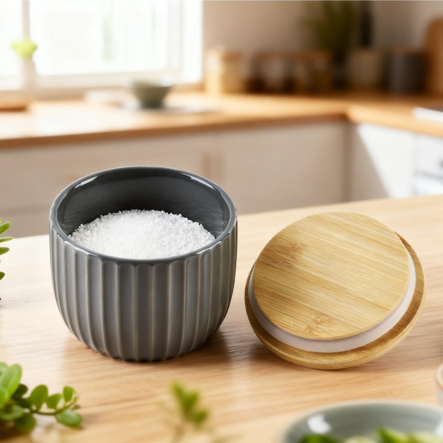 Lunavita Salt Cellar Keeper with Bamboo Lid, 14oz Big Capacity Ceramic Sugar Bowls Pepper Box, Crackle Glaze Seasoning Container Condiment Pot for Kitchen (Black Color)