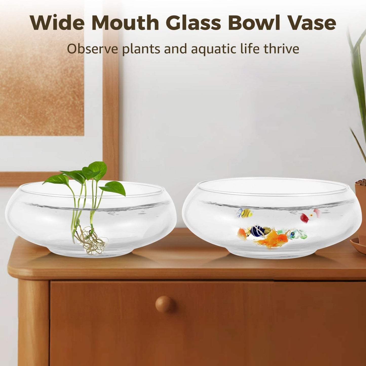 2 PCS Round Glass Vase Bowl, 6"/ 8" Wide Mouth Round Glass Bowls, Succulent Planters, Fish Tank, Bubble Vases, Floral Decor Centerpieces, Flower Pots for Home Decoration (2PCS)
