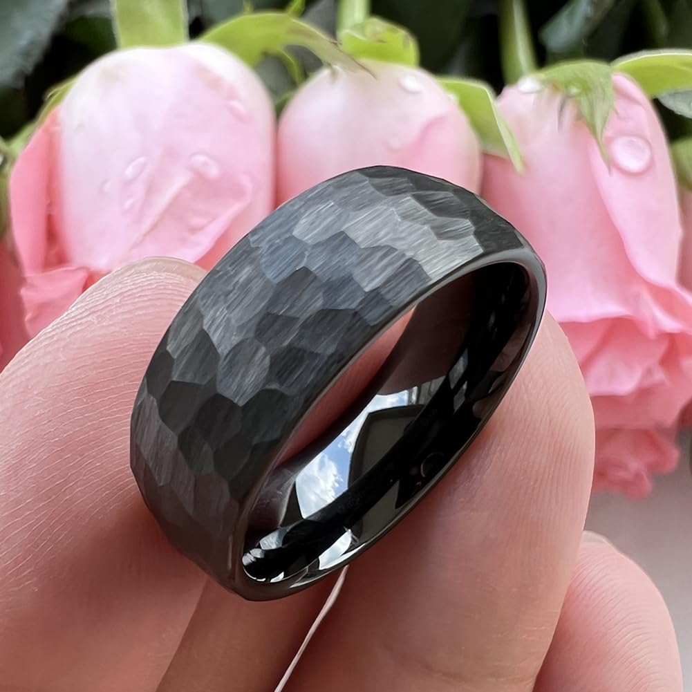 TUTISS 8mm Black Hammered Tungsten Carbide Rings for Men Women Engagement Wedding Bands Domed I Love You Engraved Comfort Fit Size 6