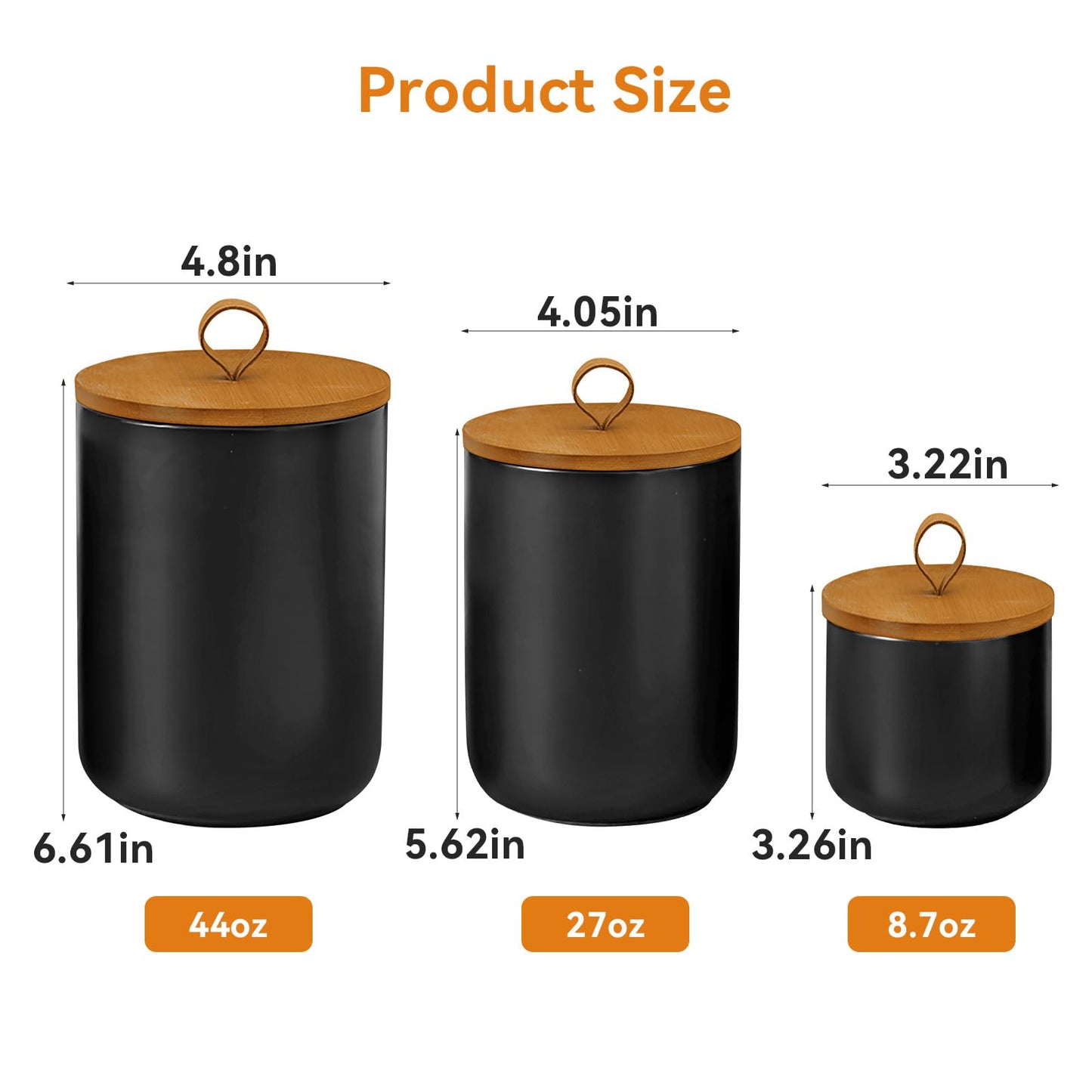 GENDLTHIJ Canister Sets for Kitchen,Ceramic Kitchen Canisters for Countertop with Airtight Wood Lids for Serving Ground Coffee, Tea, Spice, Grains, Sugar, Salt (Black Pack of 3 (8.7/27/44 Oz))