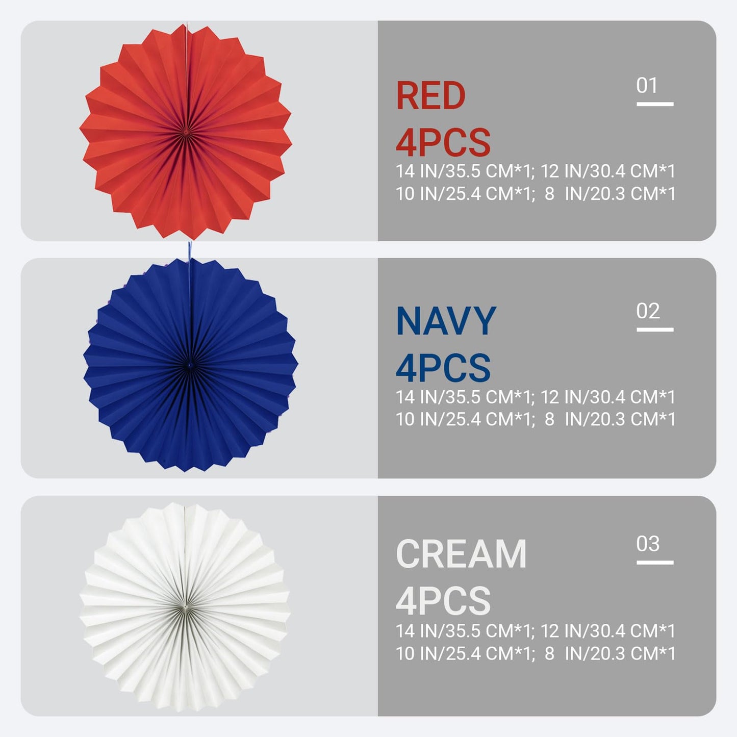 AimtoHome Paper Round Fan Party Decorations, Red White Navy Hanging Fans for Anniversary, Sports,Birthday Party, Baby Shower, Graduation Events,Set of 12(8",10",12",14")