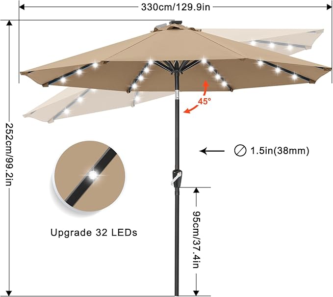 ABCCANOPY Durable Solar Led Patio Umbrellas with 32LED Lights 11FT (Khaki)