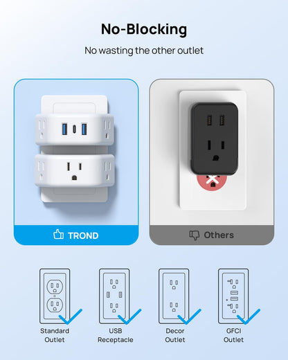 TROND Multi Plug Outlet Extender 2 Pack - Electrical Wall Splitter, 3 Way Angled Wall Outlet Adapter, Cruise Essentials, Small Multiple Plug Expander for Cruise Ship Home Office Dorm Room, White