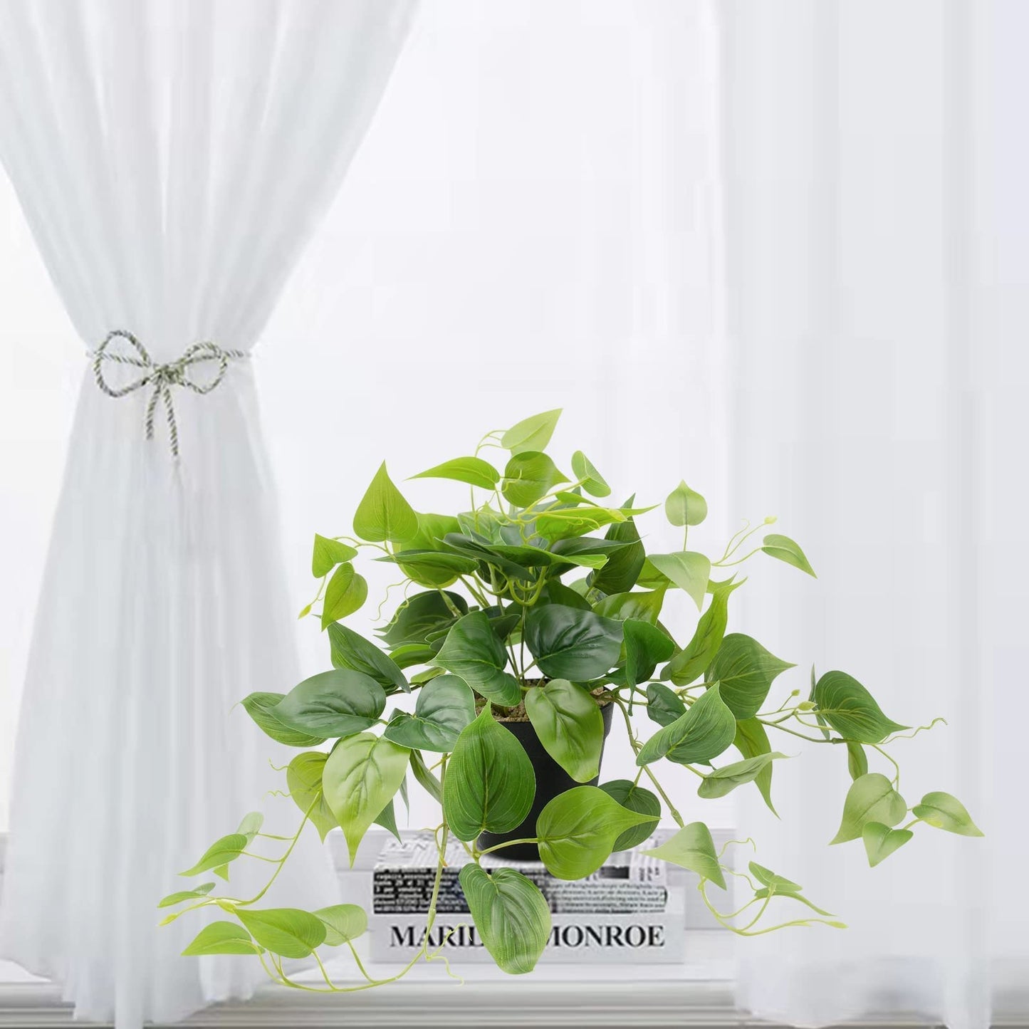 LOYWREE Artificial Scindapsus Aureus Fake Pothos Plants in Black Pots - Realistic Faux Indoor Greenery Potted for Home, Office, Desk, Shelf, Living Room, Bedroom, Balcony, Patio & Garden Decor