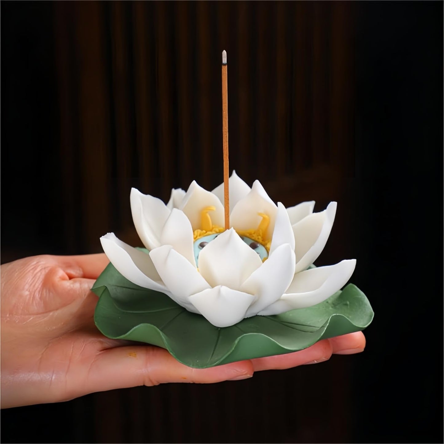 Lotus Incense Holder for Mosquitos - White Ceramic Bloom with Leaf Tray, Aromatherapy Decor, Meditation Gift Set, Zen Home Office Desk Altar Decor (Handmade, Ash Catcher, Unique Holiday Present)