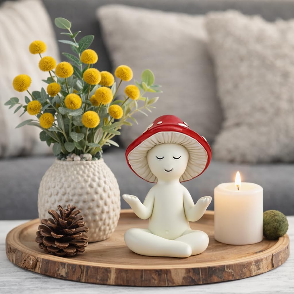 LocusArs Meditation Mushroom Statue Yoga Mushroom Figurine Tabletop Decor for Home Shelf Office Coffee Table Garden Yard Patio Mushroom Meditation Sculpture Gift for Women Friends Mom Decoration