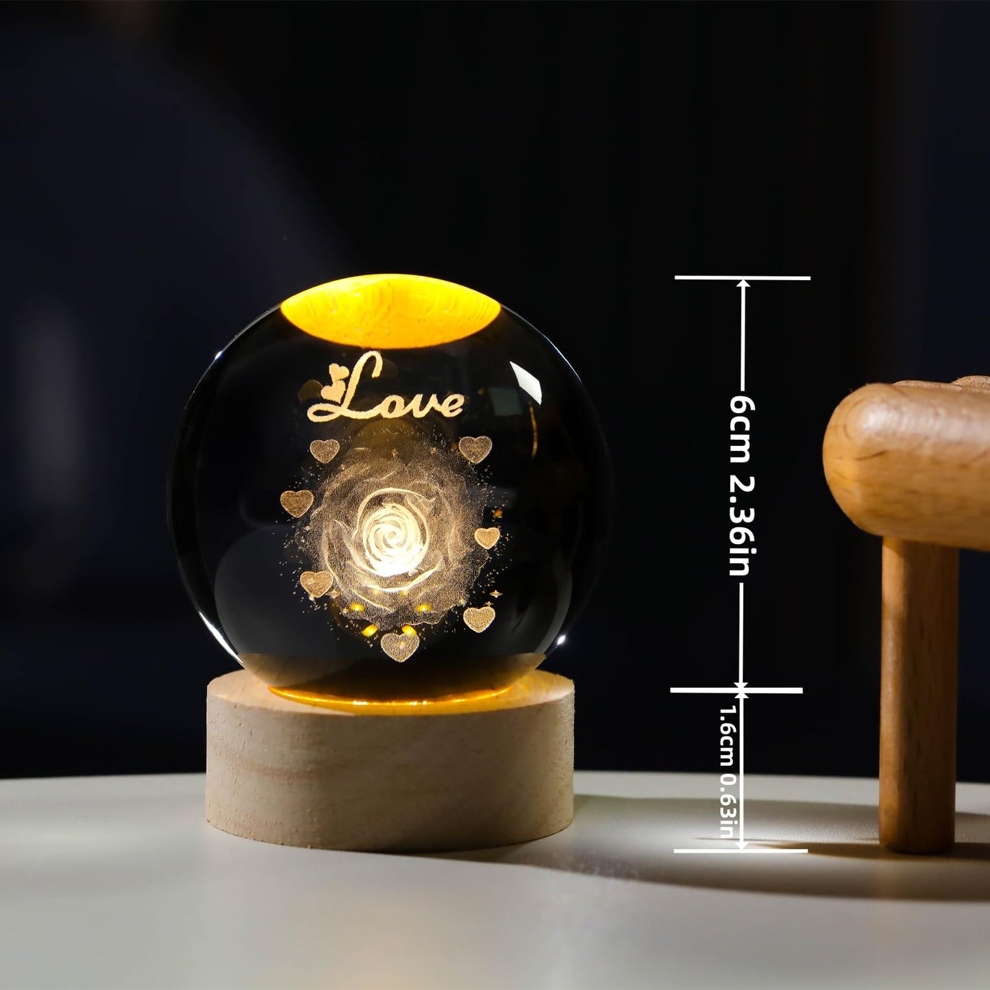 Arikyrist 3D Rose Crystal Ball Gift for Girlfriend, Laser Engraved Rose Flower Glass Sphere Home Decor, Crystal Ball Night Light with Wooden Light Base
