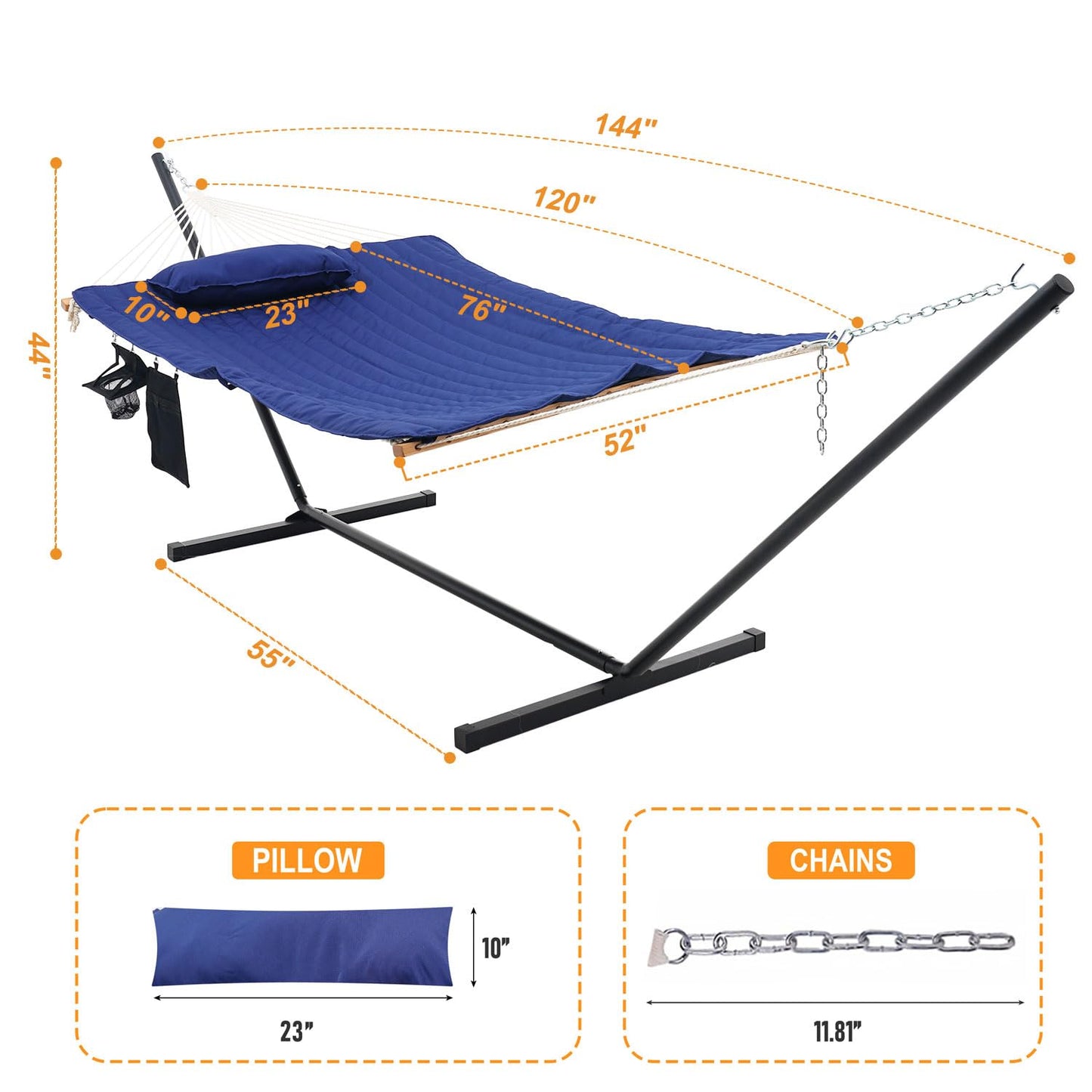 Lazy Daze Hammocks Double Hammock with 12 ft Steel Stand, 2 Person Cotton Rope Hammock with Quilted Pad, Spreader Bars, Detachable Pillow, Mag Bag & Cup Holder, Blue