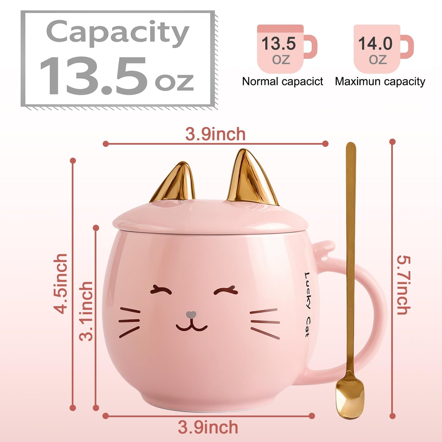 Yuwu Cat Ceramic Coffee Mug with Spoon & Lid, 13.5 oz Novelty Mug with Phone Stand Lid, Kawaii Tea Cup for Women & Cat Enthusiasts