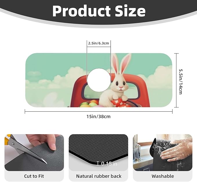 Kitchen Sink Splash Guard Faucet Mat Easter Bunny Rabbits 15"x5.5", Diatom Mat