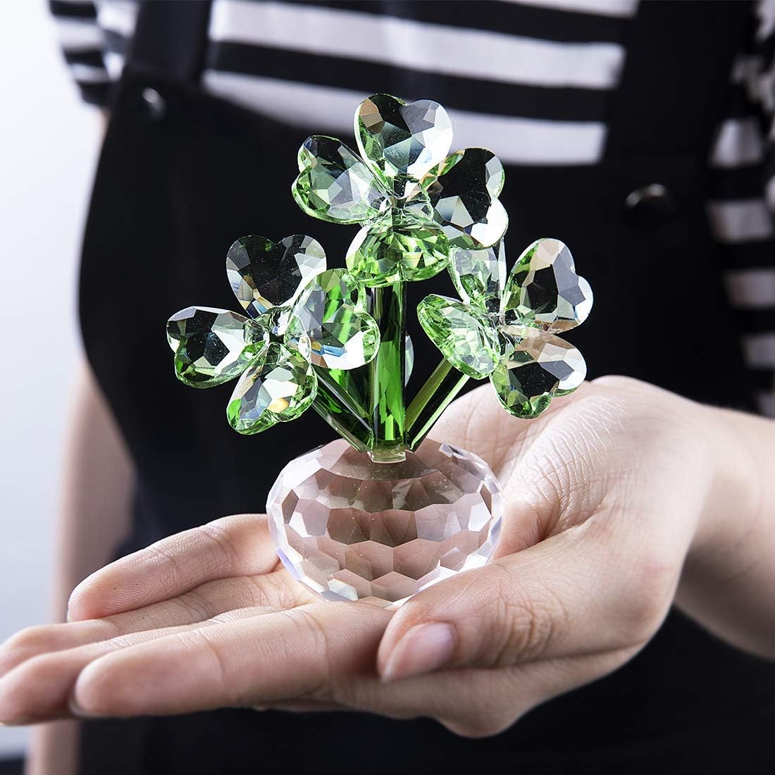 QFkris Crystal Flower Dreams Four-Leaf Clover Figurine Collectibles, 3.7" Glass Flower Statues for Home Decor Centerpiece, Gift for Mothers Day, Thanksgiving, St. Patrick's Day