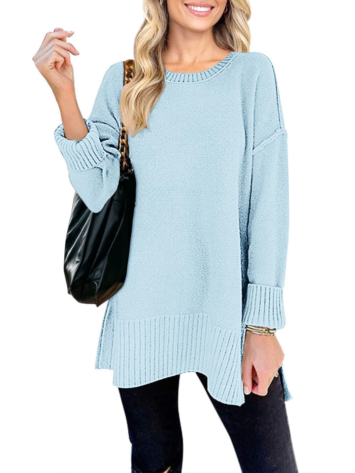 MEROKEETY Women's 2025 Fall Winter Oversized Pullover Sweater Casual Loose Crew Neck Long Sleeve Side Split Jumper Tops