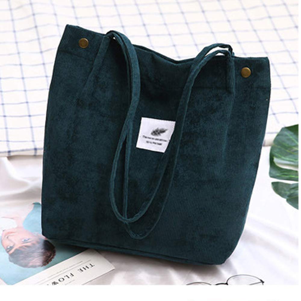 Funtlend Cord Bag Womens Large Corduroy Tote Bag Women Shoulder Handbags for School Shopping Work College Casual (Green)