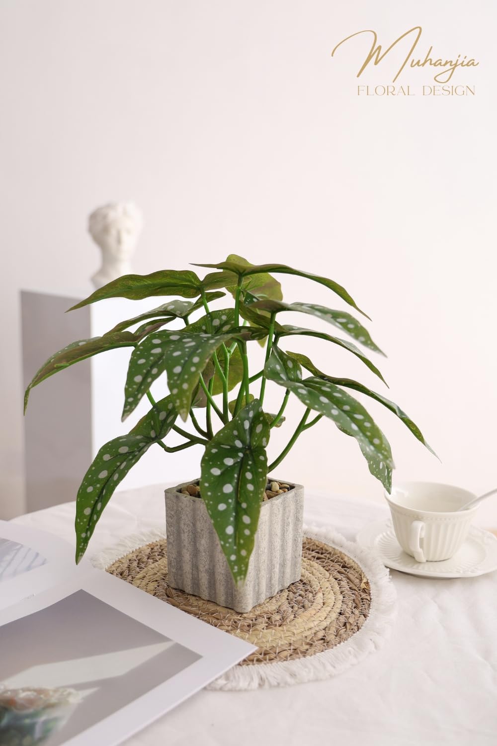 Muhanjia Artificial Potted Plant, Lifelike Faux Greenery in Decorative Cement-Look Square Pot for Indoor Home Decor Centerpieces (Polka Dot Begonia)