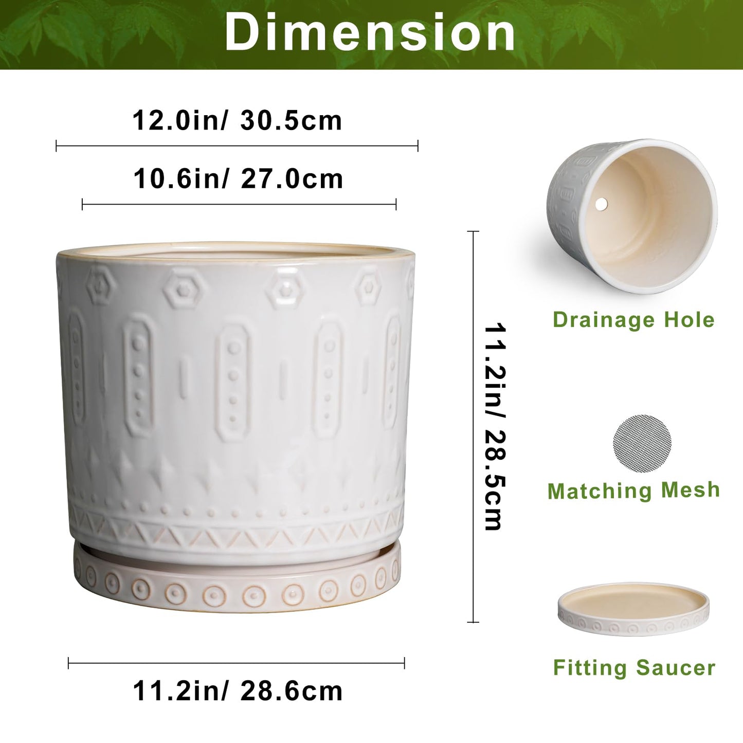 Eightpot Ceramic Pots for Plants 12 Inch - Large Ceramic Planters for Indoor Plants Outdoor Modern Flower Pot with Drainage Holes and Saucer for Office Garden Patio White