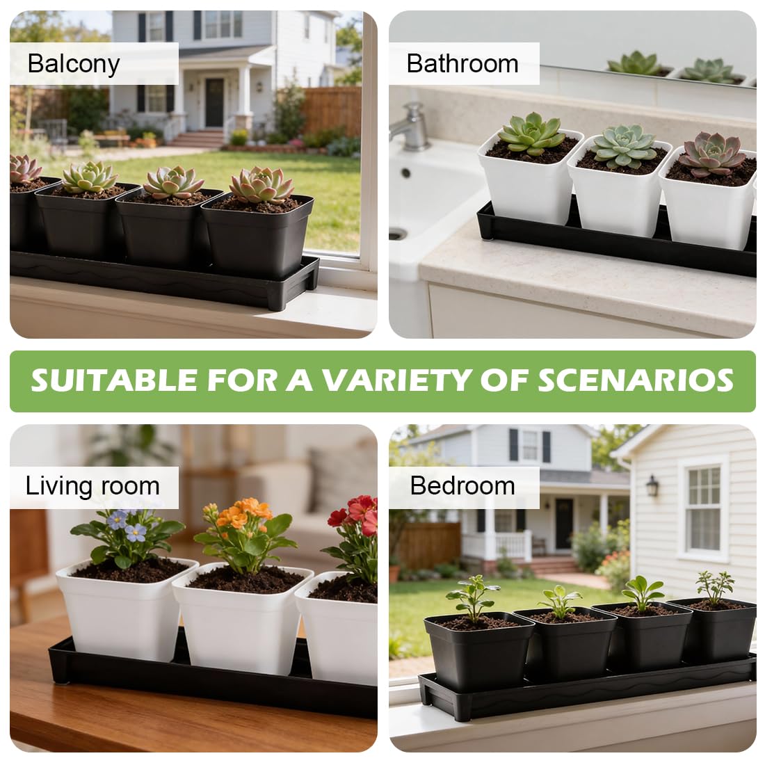 10 Pack Plastic Windowsill Plant Pot Trays (16"x5.5"x1.5"), Rectangular Window Sill Saucer with Removable Drainage Hole, Thick Plant Saucer Tray for 4 inch (10CM) Flower Seedling Pots (Black)