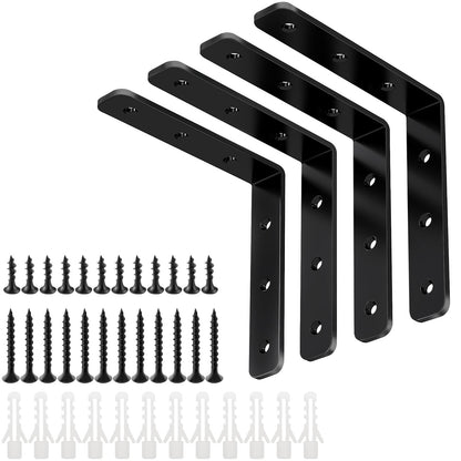 YUMORE L Bracket, 4x4 Inch Max Load: 25lb/12kg Heavy Duty Stainless Steel Solid Shelf Support Corner Brace Joint Right Angle Bracket, Pack of 4, Black