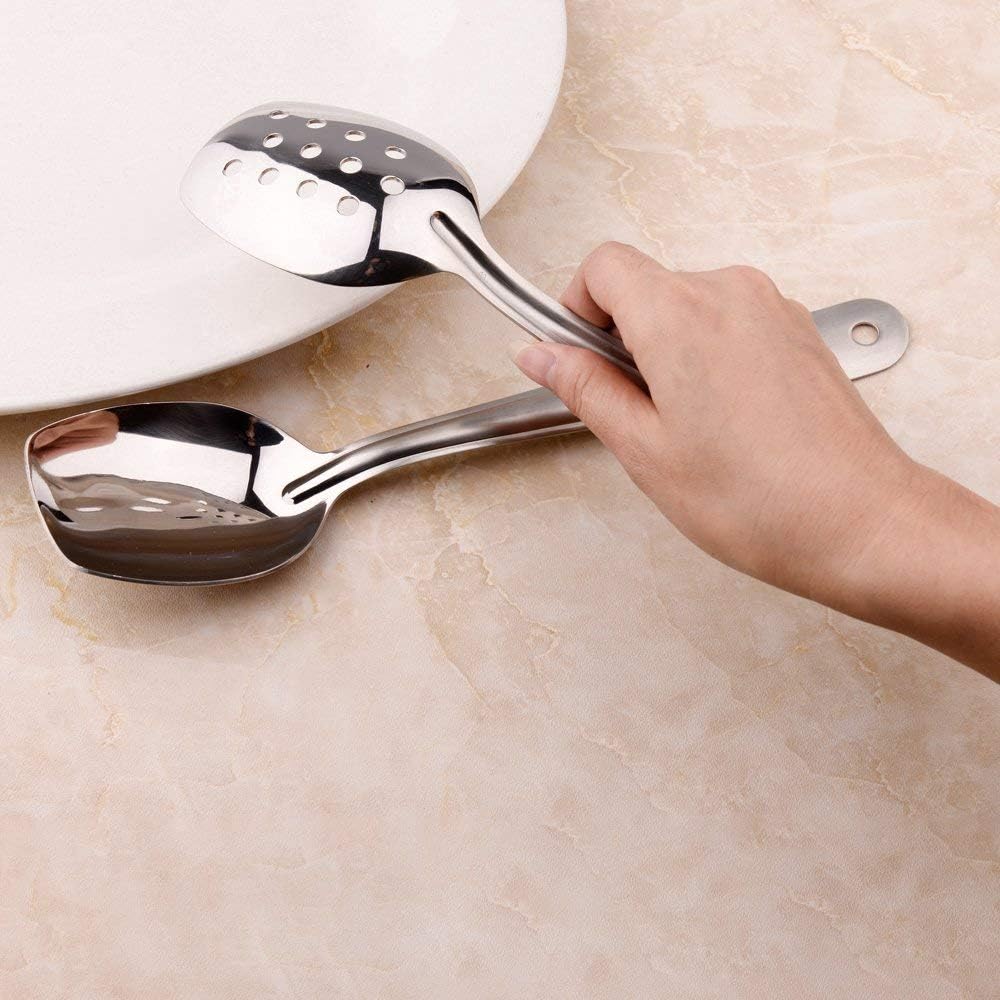 IMEEA 10 Inch Flat Bottom Scraping Cooking Spoon Set of 2, 18/8 Stainless Steel Slotted & Solid Stirring Spoon, Flat Edge Kitchen Spoon for Stir Fry, Sauce, Soup, Instant Pot