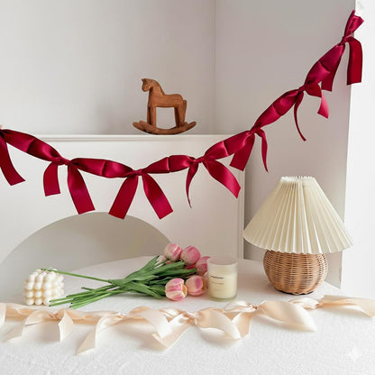 Eanjia Pre-Assembled Red Bow Garland | Double Side Satin Silk Bow Banner and Extend Ribbon for Coquette Birthday Bridal Shower & Bachelorette Party,Read to Hanging (Red, 6ft)