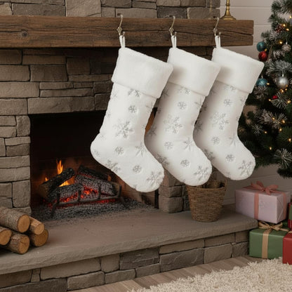 AOGU 3 Pack 22 Inch Faux Fur Sequin Snowflake Christmas Stockings Snowy White Christmas Stockings Hanging Ornaments Candy Gift Bags for Christmas Decorations