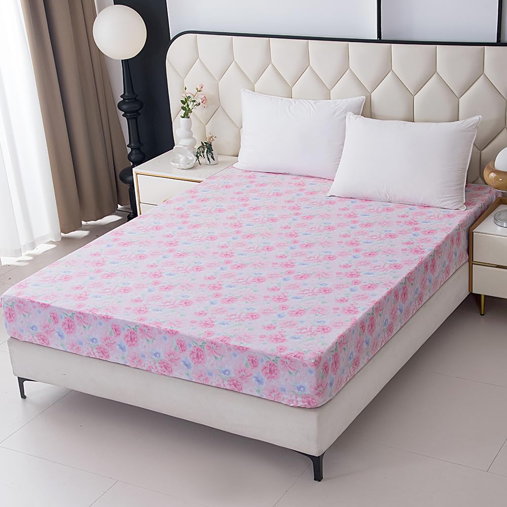 NATURETY Bedding Fitted Sheet with Deep Pocket,Cars Printed Fabric Bed Sheets(Pink Flower,Queen)