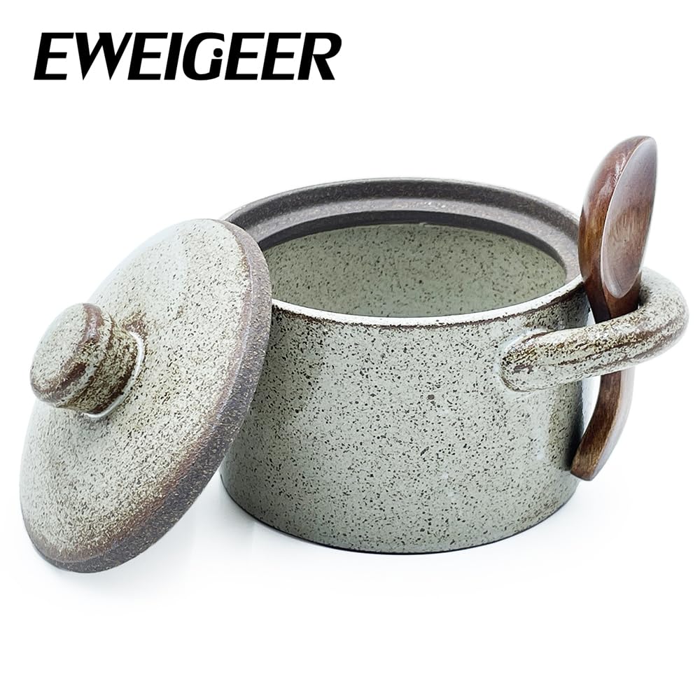 EWEIGEER Ceramic Salt Cellar With Lid & Spoon,8oz Salt Container For Countertop,Sugar Bowl,Spice Jar(Coarse Pottery Color)