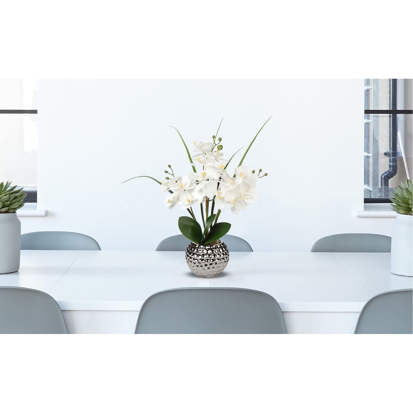 Briful Orchids Artificial Flowers, 20'' White Faux Orchid with Silver Vase Fake Phalaenopsis Flowers for Home Table Living Room Office Kitchen Decor