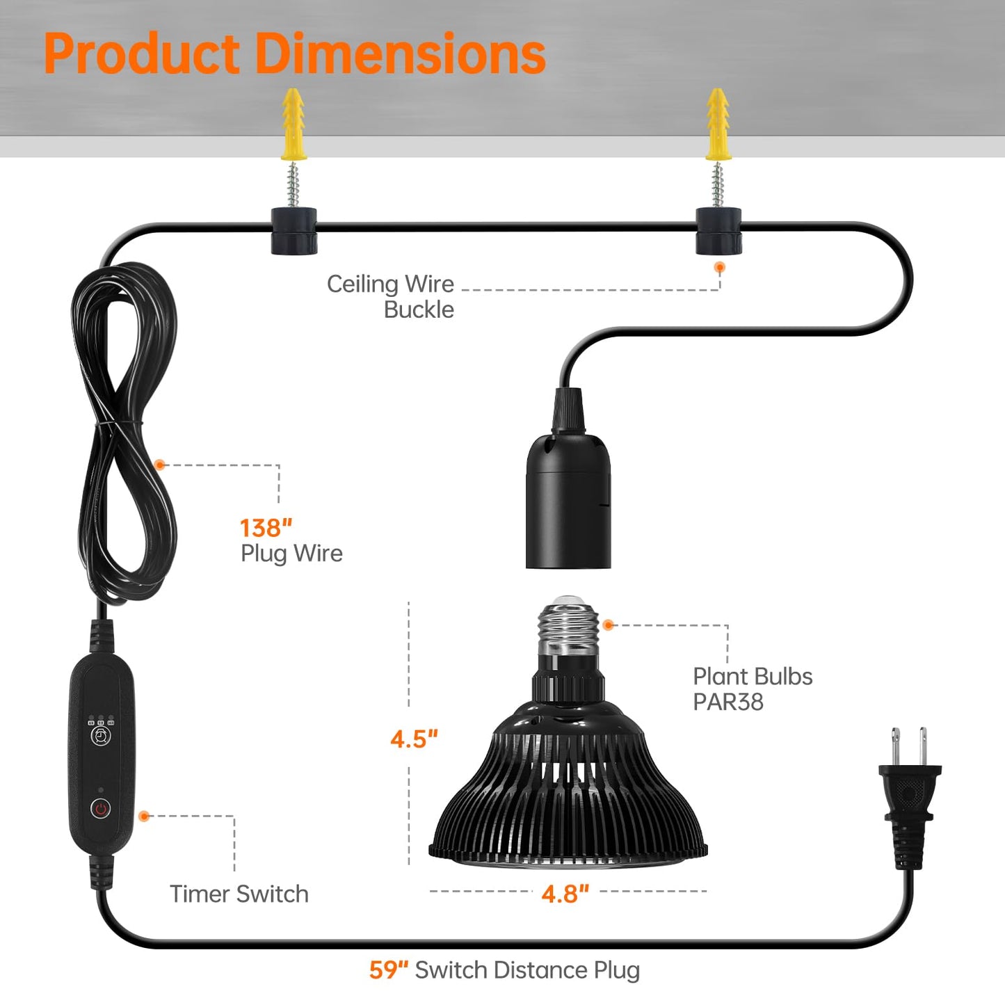 Bstrip Hanging Grow Light for Indoor Plants Full Spectrum, Black Plant Bulb with Optical Lens for Enhanced PPFD, Pendant Grow Light with Timer, 16.4 FT Power Cord, Perfect for Tall Plants and Flowers