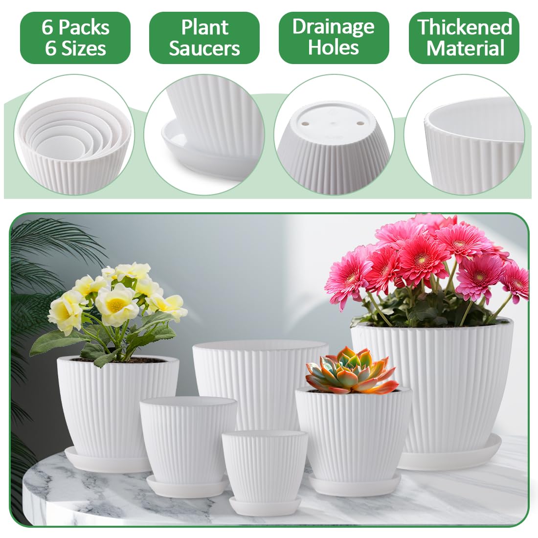 RooTrimmer 7.5/6.5/5.5/4.9/4.2/3.5 Inch Plant Pots with Drainage Holes and Saucer, Plastic Flower Pots for Indoor Plants, Lightweight Planter Pots for Plants, White