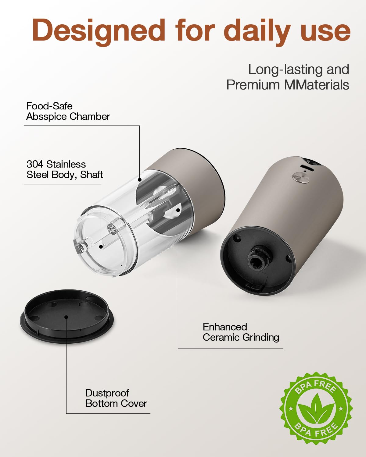 Electric Salt and Pepper Grinder Set, Stainless Steel Automatic Pepper Mill, Rechargeable with USB-C Charging Base, Gravity Activated One-Handed Operation, Dual LED Light, 2 Pack