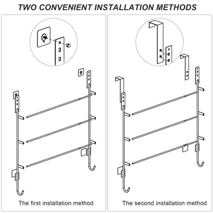 TIUTCOX Over The Door Towel Rack, 304 Stainless Steel Towel Racks for Bathroom with 3-Tier Adjustable Pole, 2 Punch-Free Screw Stickers, 22.83 * 17.71-29.52 * 6.14 Inch, Silver