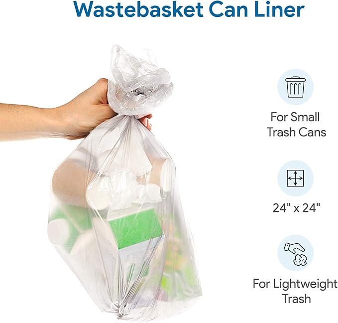 7-10 Gallon Clear Garbage Can Liners, Lightweight, 8 Microns