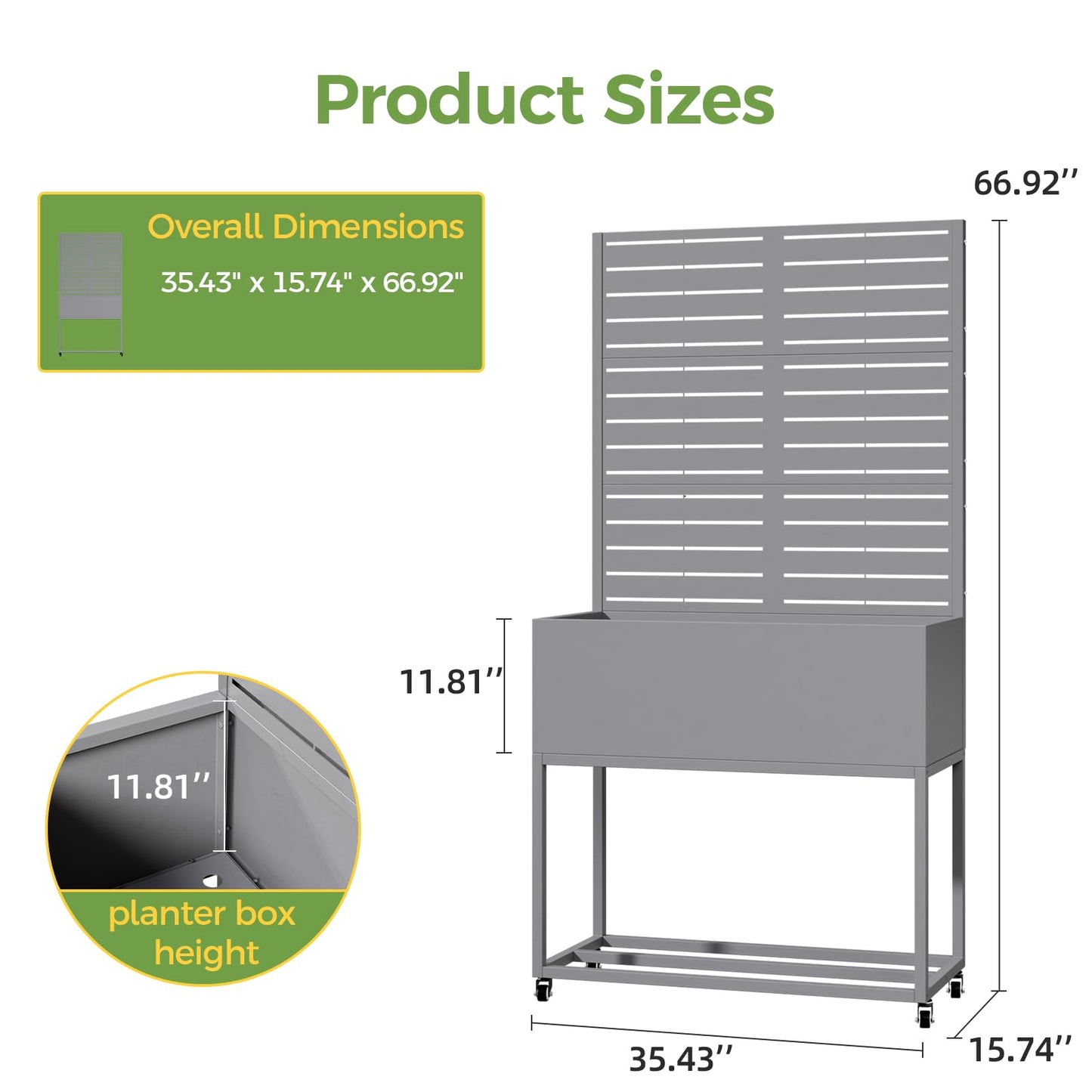 Diyfire Metal Planter Box with Trellis, 67"x35"x16"Metal Raised Garden Bed with Drainage Holes, Raised Garden Beds Outdoor, Privacy Planters Trellis for Climbing Plants, Patio,Garden, Wheels, Grey