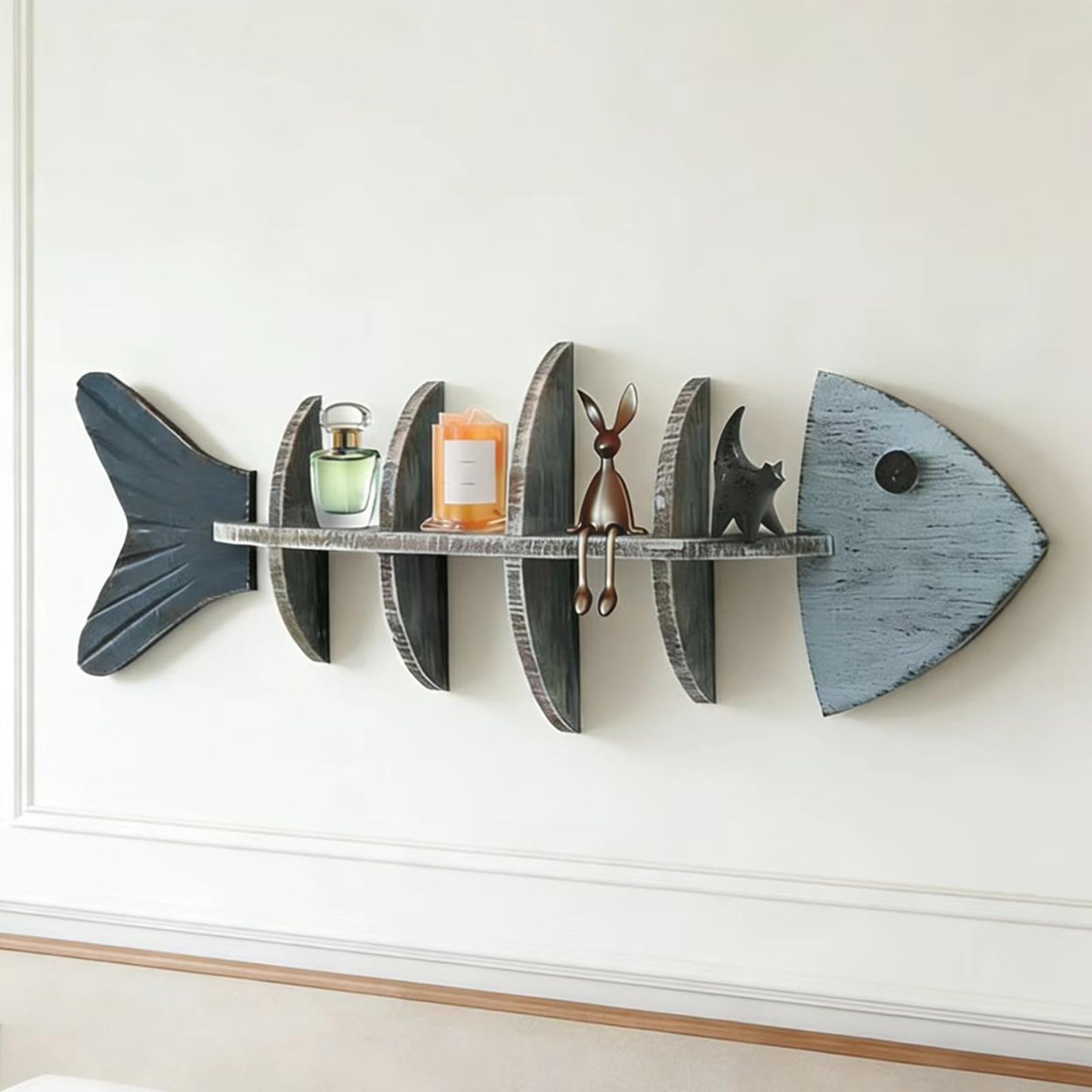 huulmood Wooden Fish Wall Shelf, Wood Fish Beach Decor Display Shelf, Nautical Coastal Style Wall - Mounted Organizer in Bedroom，Living Room，Lake House, Bathroom