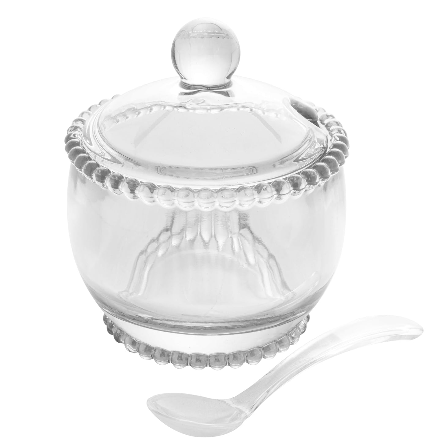 WOLFF Pearl Crystal Beaded Sugar Bowl with Lid and Spoon, Clear Crystal Sugar Holder, 6.7 oz Capacity, Dish for Salt Condiments and Spices (Clear, Sugar Bowl)
