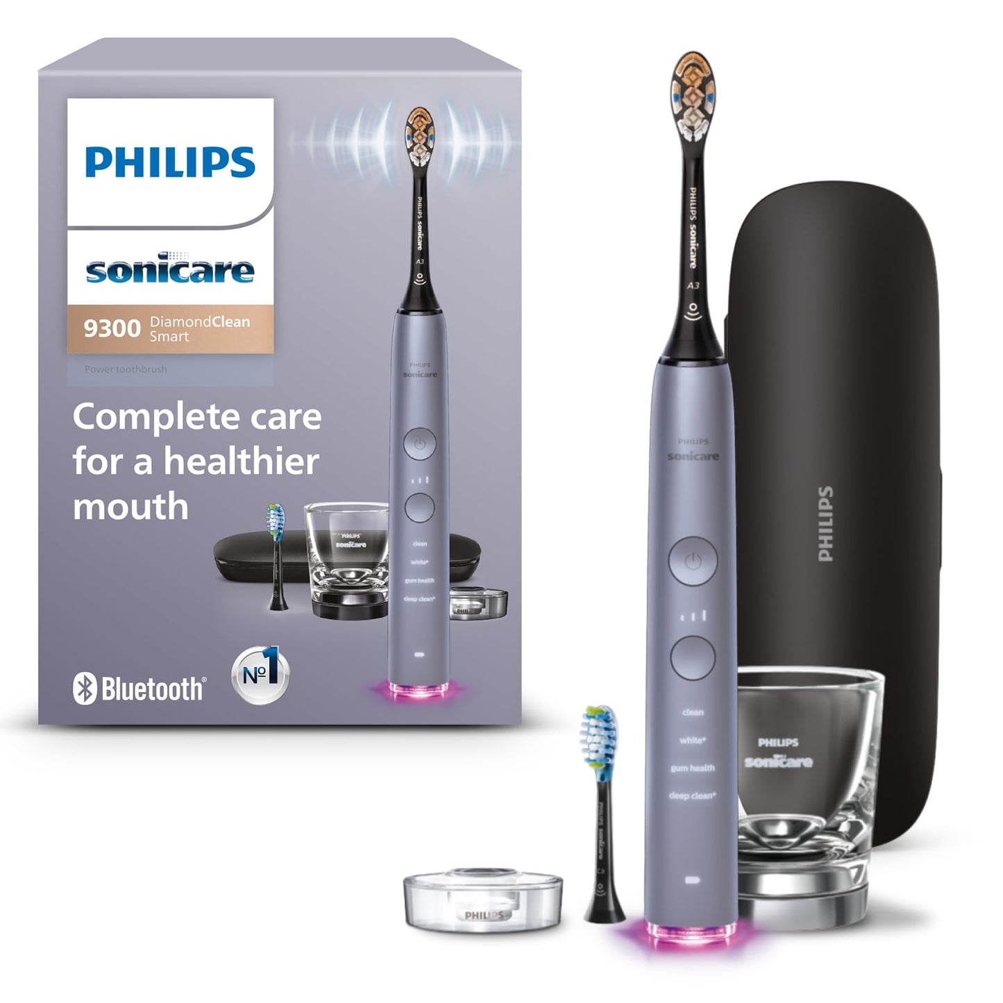 Philips Sonicare DiamondClean Smart 9300 Electric Toothbrush, Sonic Toothbrush with App, Pressure Sensor, Brush Head Detection, 4 Brushing Modes and 3 Intensity Levels, White, Model HX9903/05