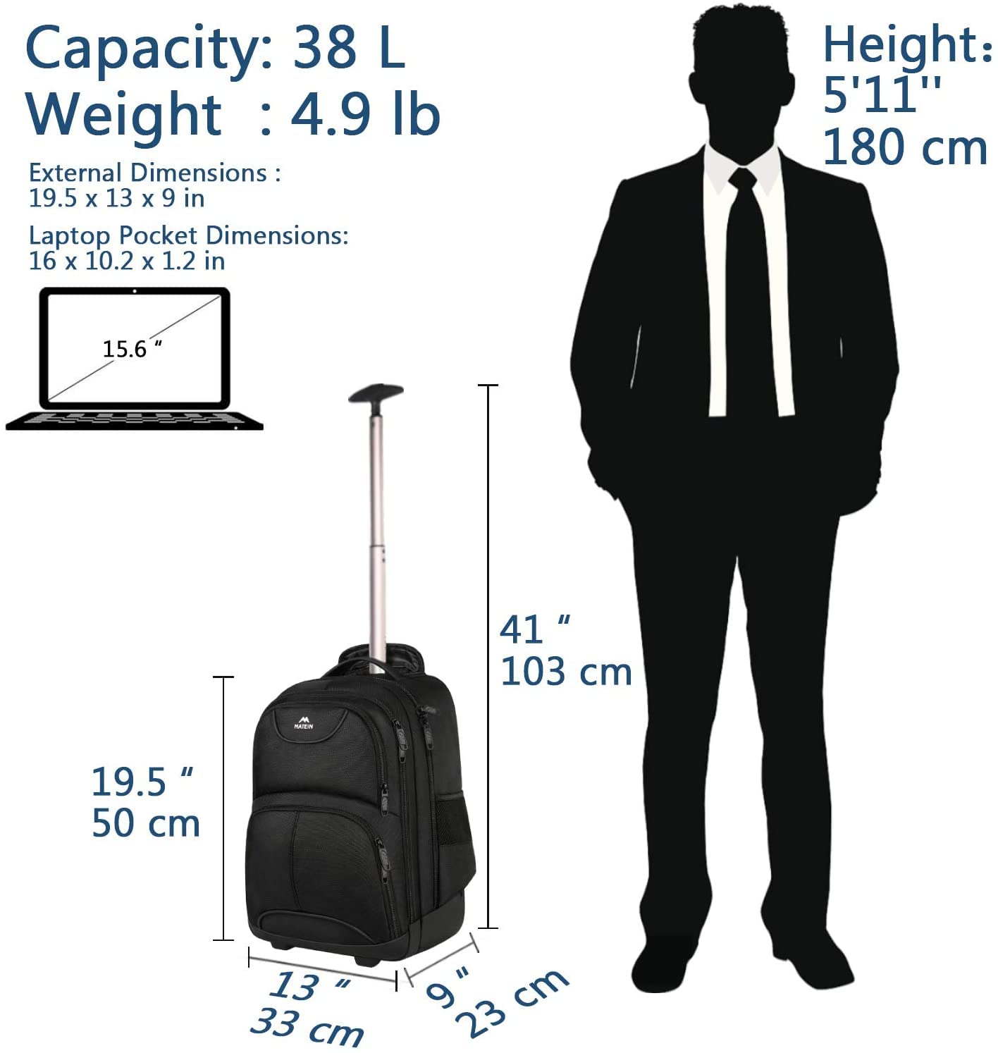 MATEIN Travel Backpack with Wheels, Rucksack with Wheels Cabin Size Wheeled Backpack 17inch Laptop Trolley Business Cabin Bag Carry On Suitcase Hand Luggage School Backpack for Women, Men, Uni, Black