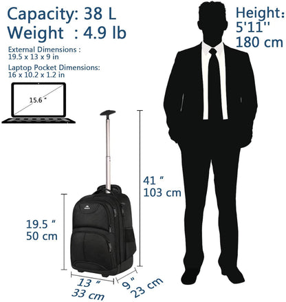 MATEIN Travel Backpack with Wheels, Rucksack with Wheels Cabin Size Wheeled Backpack 17inch Laptop Trolley Business Cabin Bag Carry On Suitcase Hand Luggage School Backpack for Women, Men, Uni, Black