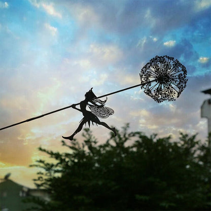 Fcteap Flower Fairy Dancing with Dandelion Garden Art Sculpture Stainless Steel Statue Christmas Halloween Decoration for Outdoor Yard Courtyard Lawn Patio Metal Ornaments (Long Travel)