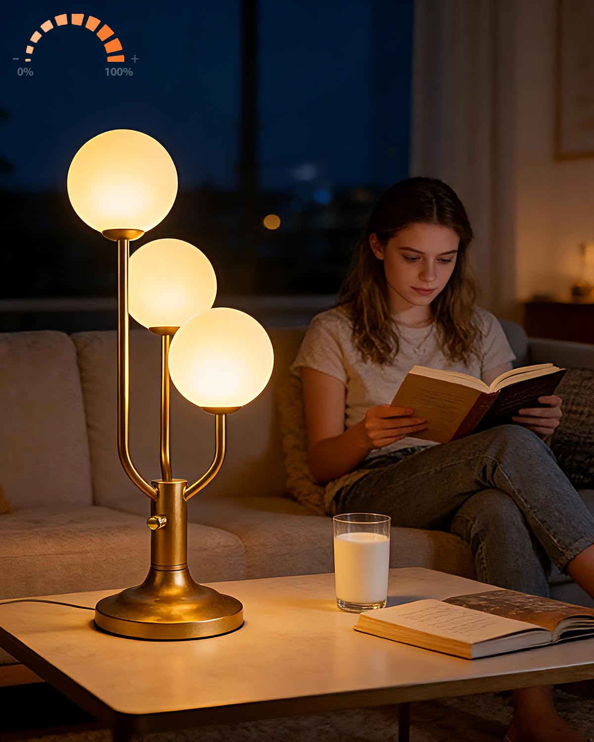 ACOHOOK Modern Gold Globe Table Lamp Dimmable Mid Century 3-Light Desk Lamp 3000K Warmwhite Nightstand Lamp for Bedroom Bedside End Table(G9 Bulb Included)