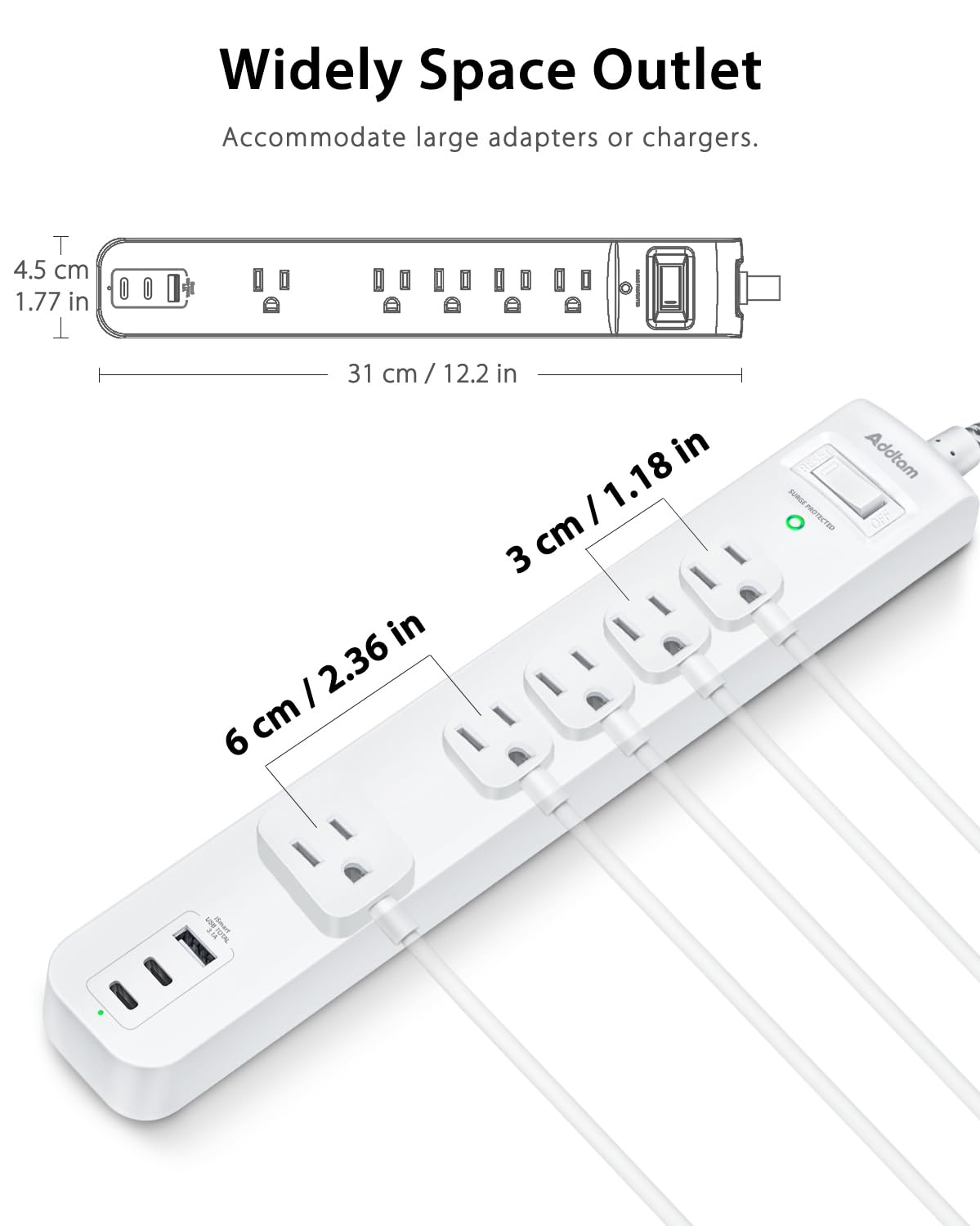 2 Pack Power Strip Surge Protector - 5 Widely Spaced Outlets 3 USB Charging Ports, 1875W/15A with 5Ft Braided Extension Cord, Flat Plug, Overload Surge Protection, Wall Mount for Home Office,White
