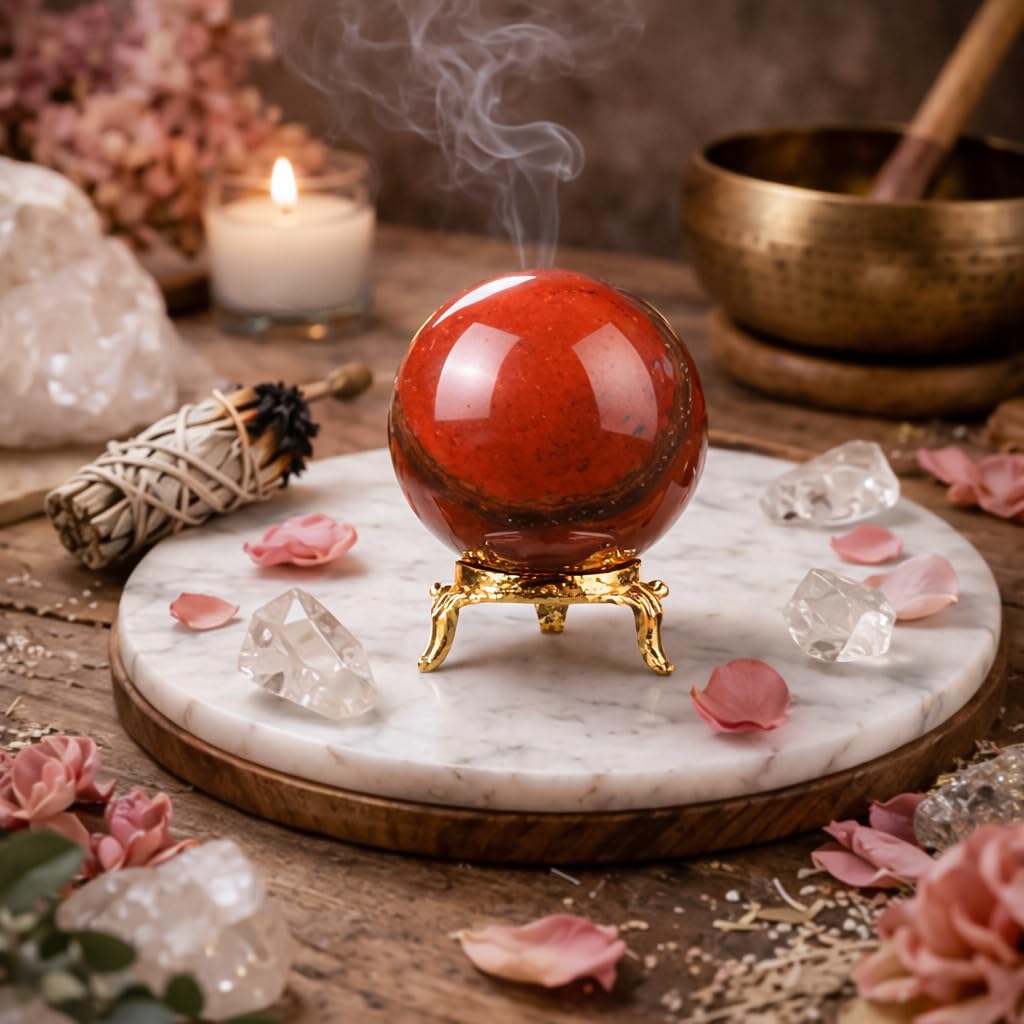 Crocon 55mm Red Jasper Stone Sphere Ball with Metal Stand 1400+ Carats Gemstone Ball Healing Sphere Sculpture Figurine for Fengshui Divination Home Decoration Photography Crystal Sphere