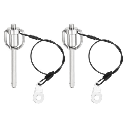 uxcell 2 Pcs Quick Release Pin, 1/4" x 2"(Dia. x L) Push-Button Ball Locking Pin 304 Stainless Steel Ring Handle Locking Pin with Wire for Audio Bimini Top Marine, Silver