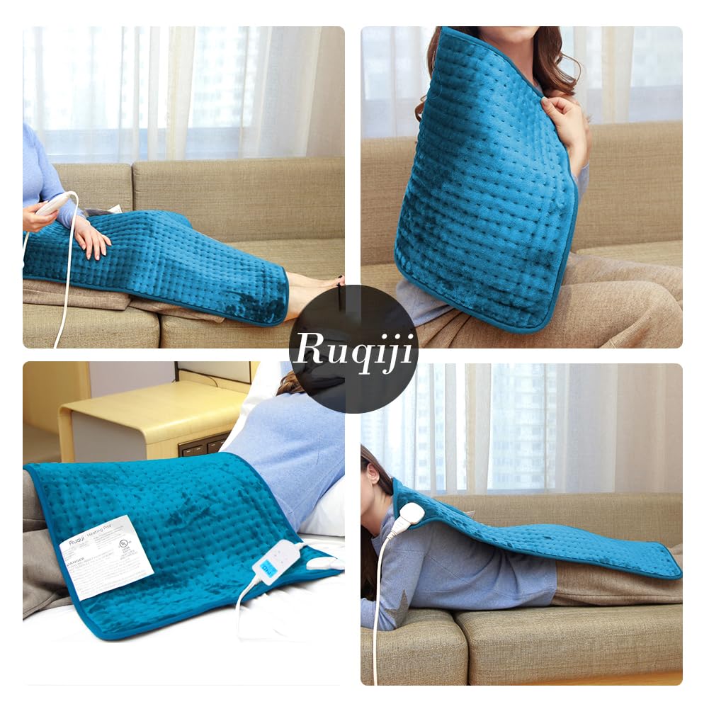 Ruqiji 17''x33'' XXXL King Size Heating Pad with 120 Minutes Auto Shut Off&6 Temperature Settings, Flannel Electric Heating Pad/Pain Relief for Back/Neck/Shoulders/Menstrual Pain/Leg Cramp (Dark Blue)