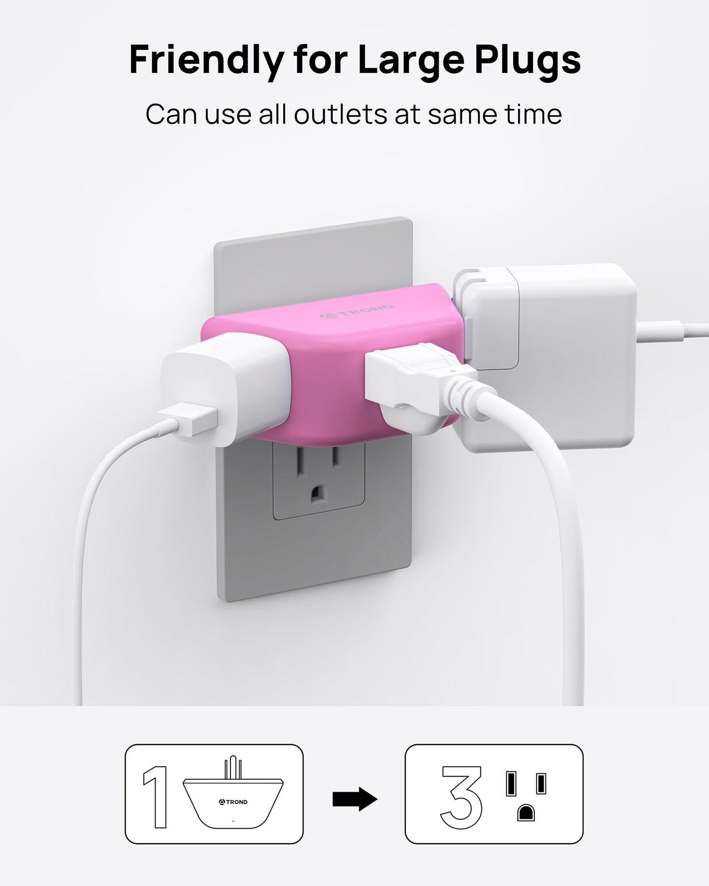 TROND Multi Plug Outlet Extender 2 Pack - Electrical Wall Splitter, 3 Way Angled Wall Outlet Adapter, Cruise Essentials, Small Multiple Plug Expander for Cruise Ship Home Office Dorm Room, White