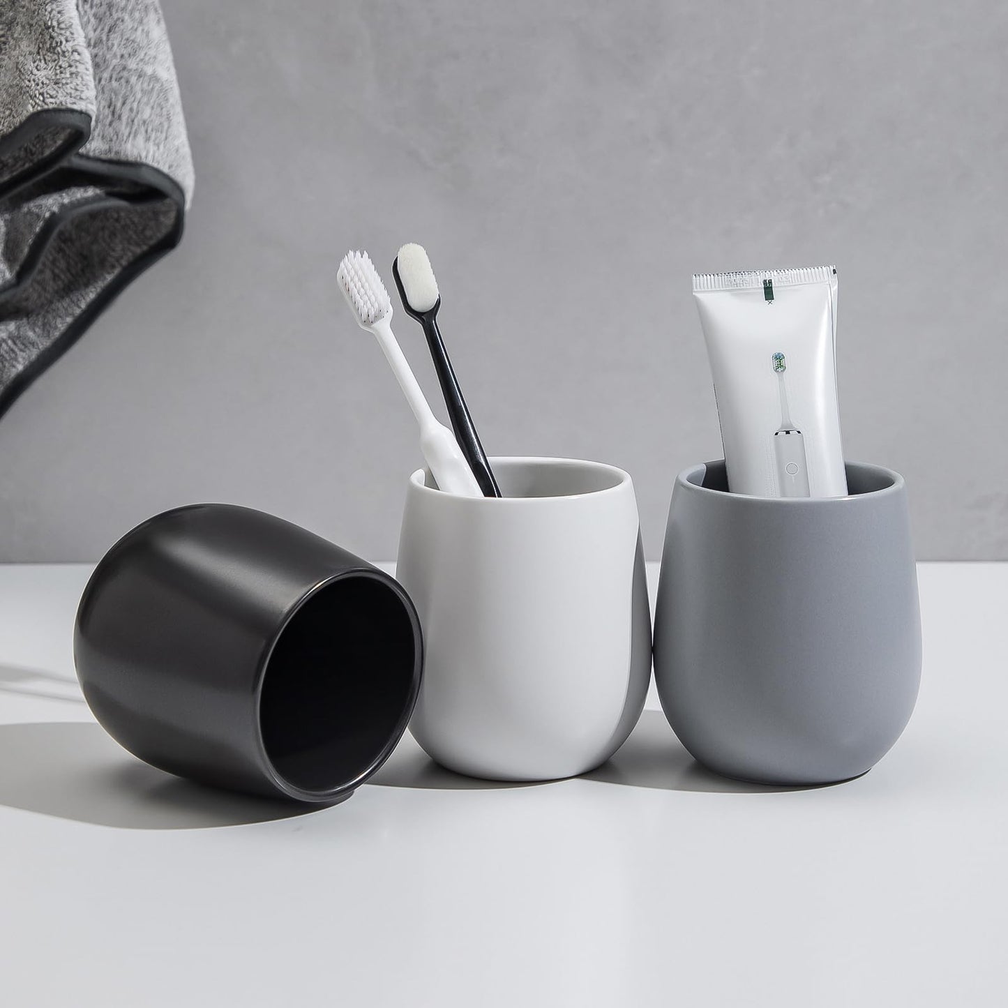 Grey Ceramic Toothbrush Holder - 11Oz Small Bathroom Tooth Brushing Holders, Reusable Mouthwash Cup, Toothpaste Holder, Makeup Brush Holder, Pen Holder for Bathroom Countertop, 1PC