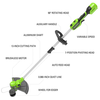 Greenworks 24V 13-Inch Brushless String Trimmer (Gen 2), 4.0Ah USB Battery and Charger Included