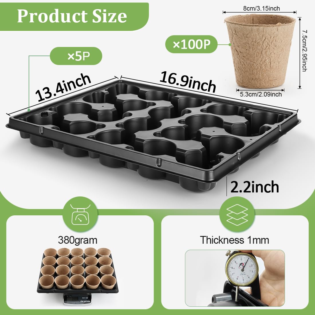 RooTrimmer 3.15 Inch Peat Pots 100 Pcs with 20 Cell Seedling Trays 5 Pcs, Biodegradable Seed Starter Pots with Drainage, Reusable Nursery Tray for Seed Starting Indoor Gardening Propagation Kit 5 Sets