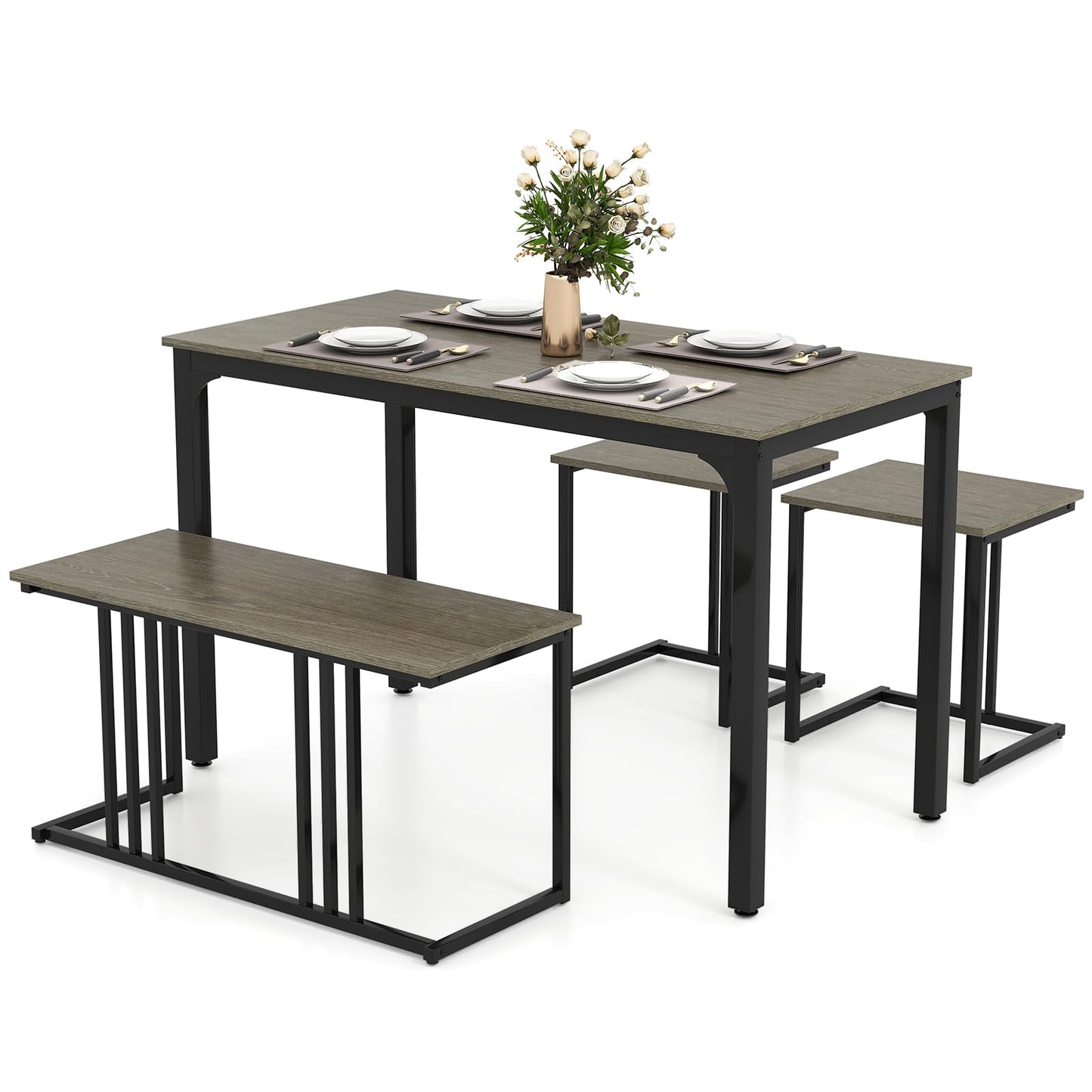 Giantex 4-Piece Dining Table Set for 4, Modern Kitchen Table and Chairs, Nesting Furniture Set with Bench & 2 Stools, Space-Saving Desk Set, Dinette Set for Small Place, Dining Room Restaurant (Grey)