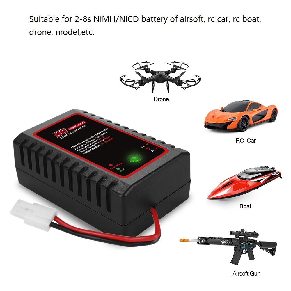 HTRC N8 NiMH Charger for 2-8s Nimh/NiCD Battery Pack(2.4V 3.6V 4.8V 6V 7.2V 8.4V 9.6V) of Airsoft RC Car RC Boat Drone,RC Charger for NiMH/NiCD Battery Pack with Standard/Mini Tamiya Connector